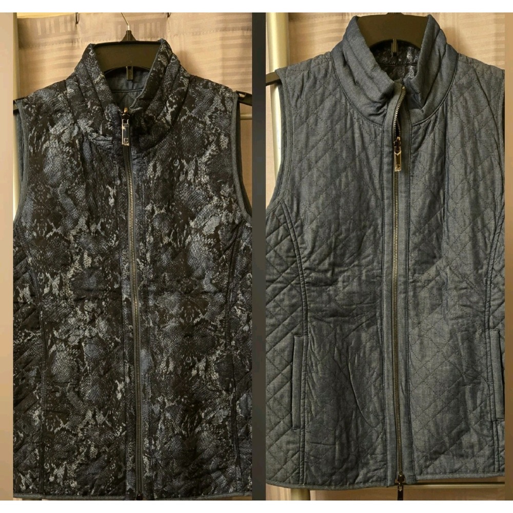 Chico's Sz 0 Quilted Reversible Vest Jacket XS 4/6 Blue Black‎ Zip Front Pockets